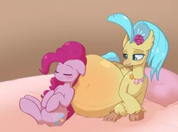 Size: 2483x1844 | Tagged: suggestive, artist:puetsua, derpibooru import, pinkie pie, princess skystar, classical hippogriff, hippogriff, pony, fanfic, my little pony: the movie, bed, belly, belly pillow, blushing, brown background, commission, eyes closed, fanfic art, female, floppy ears, hyper, hyper pregnancy, kicking, lesbian, lidded eyes, mare, multiple pregnancy, pillow, pregnant, shipping, side, simple background, sitting, skypie, sleeping, smiling
