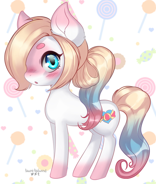 Size: 660x776 | Tagged: safe, artist:tawni-tailwind, derpibooru import, oc, oc:candy kains, unofficial characters only, earth pony, pony, :o, blushing, female, looking at you, mare, open mouth, solo