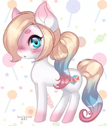 Size: 660x776 | Tagged: safe, artist:tawni-tailwind, derpibooru import, oc, oc:candy kains, unofficial characters only, earth pony, pony, :o, blushing, female, looking at you, mare, open mouth, solo