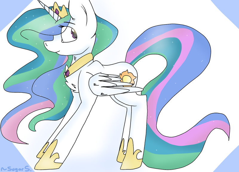 Size: 1200x866 | Tagged: safe, artist:generalfreyma, derpibooru import, princess celestia, alicorn, pony, abstract background, clothes, crown, female, jewelry, looking back, mare, peytral, regalia, shoes, signature, simple background, solo, standing