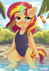 Size: 1484x2160 | Tagged: suggestive, artist:fensu-san, derpibooru import, sunset shimmer, pony, semi-anthro, unicorn, adorasexy, blushing, clothes, cute, female, food, glowing horn, ice cream, looking at you, magic, mare, one-piece swimsuit, sexy, shimmerbetes, sitting, solo, solo female, summer, sweat, swimming pool, swimsuit, telekinesis