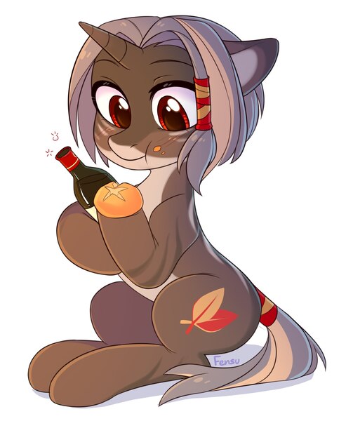 Size: 1809x2160 | Tagged: safe, artist:fensu-san, derpibooru import, oc, unofficial characters only, pony, unicorn, bread, eating, female, food, mare, simple background, sitting, solo, tail wrap, white background, wine bottle