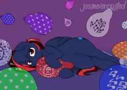 Size: 1280x905 | Tagged: artist:jcosneverexisted, balloon, derpibooru import, looking at you, lying, male, oc, oc:lightning loons, safe, solo, unofficial characters only