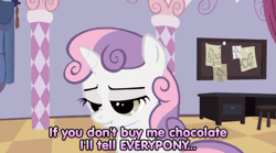 Size: 600x333 | Tagged: suggestive, derpibooru import, edit, edited screencap, screencap, rarity, sweetie belle, pony, unicorn, sisterhooves social, animated, blackmail, dialogue, eyeshadow, female, filly, gif, implied lesbian, implied rarijack, implied sex, implied shipping, makeup, mannequin, mare, subtitles
