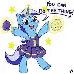 Size: 1000x1000 | Tagged: safe, artist:yakoshi, derpibooru import, minuette, pony, unicorn, 30 minute art challenge, bipedal, cheek fluff, cheering, cheerleader, chest fluff, clothes, cute, do the thing, female, happy, levitation, looking at you, magic, mare, minubetes, motivational, open mouth, pom pom, positive ponies, raised leg, simple background, smiling, solo, stars, telekinesis, text, underhoof, white background