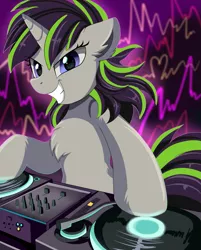 Size: 2009x2500 | Tagged: safe, artist:pridark, derpibooru import, oc, oc:plot frequency, unofficial characters only, pony, unicorn, chest fluff, female, mare, solo, synesthesia, turntable