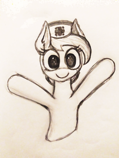 Size: 2448x3264 | Tagged: safe, artist:insanus.ad, derpibooru import, nurse redheart, earth pony, pony, background pony, c:, cute, female, hat, heartabetes, hug, mare, monochrome, nurse, smiling, solo, traditional art