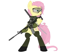 Size: 6000x4400 | Tagged: safe, artist:yognaughtsteve, derpibooru import, fluttershy, pegasus, pony, absurd resolution, action pose, assault rifle, badass, bipedal, body armor, boots, bulletproof vest, clothes, flutterbadass, gloves, goggles, gun, head turn, headset, hoof hold, katana, looking away, military, protective glasses, rifle, shoes, simple background, solo, standing, sword, transparent background, weapon