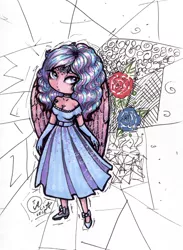 Size: 1840x2509 | Tagged: safe, artist:kimsteinandother, derpibooru import, princess flurry heart, human, chibi, clothes, dress, humanized, older, solo, traditional art, winged humanization, wings