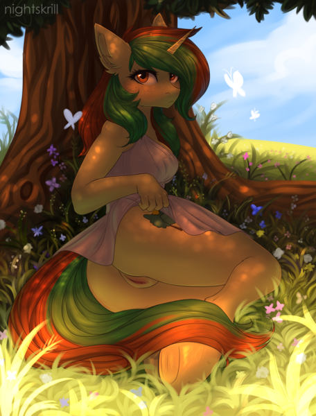 Size: 1140x1500 | Tagged: explicit, alternate version, artist:nightskrill, derpibooru import, oc, oc:northern spring, unofficial characters only, anthro, butterfly, unguligrade anthro, unicorn, anthro oc, ass, bottomless, breasts, clothes, commission, dress, female, flower, freckles, grass, image, looking at you, mare, nipples, no panties, nudity, partial nudity, png, solo, solo female, tree, underhoof, vulva, ych result