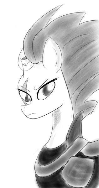 Size: 1142x2169 | Tagged: safe, artist:lobonox1313, derpibooru import, tempest shadow, pony, unicorn, my little pony: the movie, armor, broken horn, bust, eye scar, female, grayscale, mare, monochrome, scar, simple background, sketch, white background