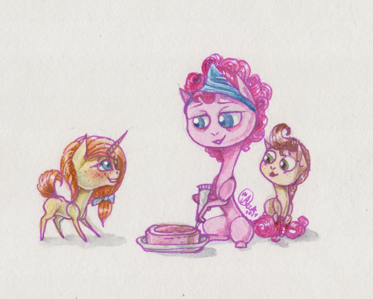 Size: 2259x1815 | Tagged: safe, artist:kimsteinandother, derpibooru import, pinkie pie, pound cake, pumpkin cake, pegasus, pony, unicorn, cake, colt, female, filly, food, frosting, male, simple background, traditional art