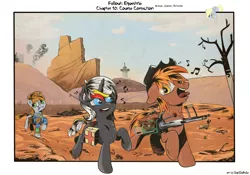 Size: 4000x2800 | Tagged: safe, artist:iiapiiiubbiu, derpibooru import, derpy hooves, oc, oc:calamity, oc:littlepip, oc:velvet remedy, pegasus, pony, unicorn, fallout equestria, fanfic, battle saddle, clothes, cowboy hat, dashite, dead tree, fallout, fanfic art, female, fluttershy medical saddlebag, gun, hat, hooves, horn, male, mare, medical saddlebag, music notes, open mouth, pipbuck, rifle, saddle bag, singing, smoke, stallion, stetson, text, tongue out, tree, vault suit, wasteland, weapon, wings