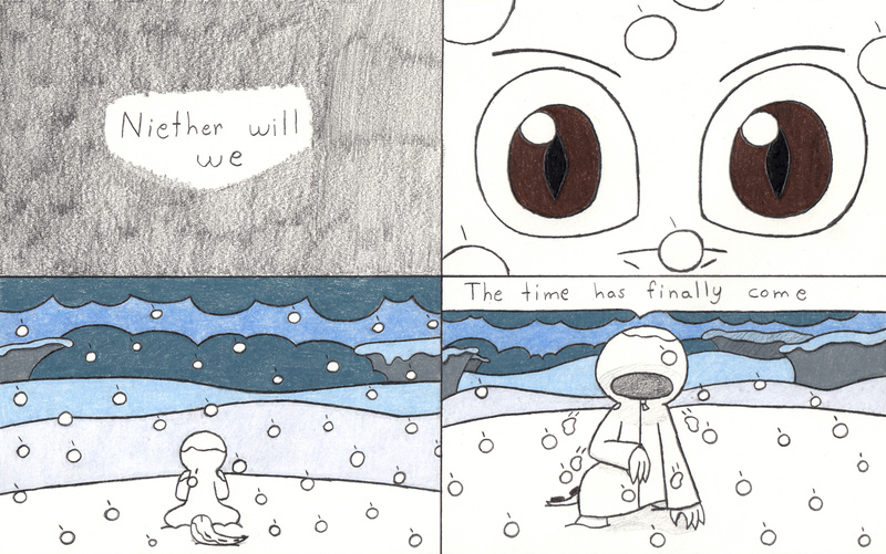 Size: 3277x2051 | Tagged: artist:eternaljonathan, cold, comic, comic:a new twist, derpibooru import, dragon, guardian, oc, oc:nemo, safe, snow, snowfall, traditional art, waking up