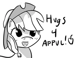 Size: 1790x1396 | Tagged: safe, artist:artiks, derpibooru import, applejack, earth pony, pony, apple, appul, cute, dialogue, female, food, grayscale, hugs needed, jackabetes, looking at you, mare, monochrome, simple background, smiling, solo, talking to viewer, that pony sure does love apples, white background