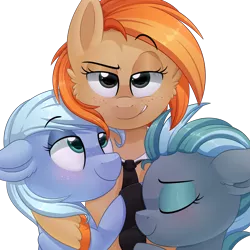 Size: 1993x1993 | Tagged: safe, artist:thegamblehorse, deleted from derpibooru, derpibooru import, oc, oc:parlay, unnamed oc, unofficial characters only, pony, dreamworks face, eyes closed, female, lesbian, looking at you, necktie, raised eyebrow, side hug, simple background, smiling, smirk, transparent background, unshorn fetlocks