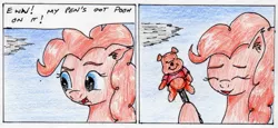 Size: 2219x1025 | Tagged: safe, artist:40kponyguy, derpibooru import, pinkie pie, earth pony, pony, comic, ear fluff, eyes closed, laughing, pen, pun, solo, traditional art, winnie the pooh