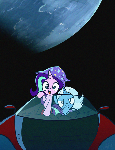 Size: 540x704 | Tagged: safe, artist:dori-to, derpibooru import, starlight glimmer, trixie, pony, unicorn, accessory swap, c:, car, clothes, driving, duo, earth, elon musk, female, glare, hat, mare, open mouth, orbit, planet, roadster, rocket, smiling, smirk, space, spacex, starman, tesla, tesla roadster, toy interpretation, trixie's hat, trixie's rocket