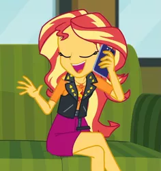 Size: 717x760 | Tagged: safe, derpibooru import, screencap, sunset shimmer, equestria girls, equestria girls series, text support, adorasexy, couch, cropped, crossed legs, cute, female, geode of empathy, legs, magical geodes, mobile phone, phone, sexy, shimmerbetes, sitting, smartphone, solo, talking, text support: sunset shimmer