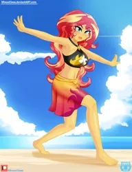 Size: 2300x3000 | Tagged: safe, artist:minusclass, derpibooru import, sunset shimmer, equestria girls, equestria girls series, forgotten friendship, armpits, barefoot, beach, belly button, clothes, cute, feet, female, moe, ocean, patreon, patreon logo, sand, sarong, skirt, solo, swimsuit