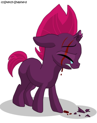 Size: 400x505 | Tagged: semi-grimdark, artist:sketch-shepherd, derpibooru import, fizzlepop berrytwist, tempest shadow, pony, unicorn, my little pony: the movie, bleeding, blood, broken horn, crying, eye scar, female, filly, filly tempest shadow, scar, simple background, solo, start of darkness, transparent background, younger