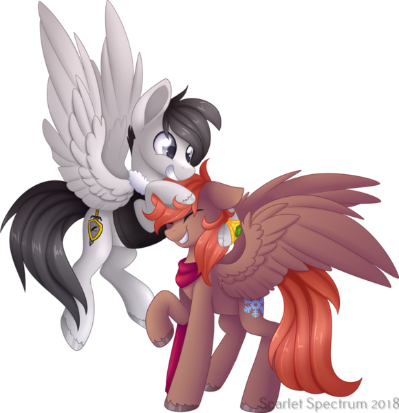 Size: 1024x1059 | Tagged: safe, artist:scarlet-spectrum, derpibooru import, oc, oc:silver wing, oc:winterlight, unofficial characters only, pegasus, pony, clothes, duo, eyes closed, flying, scarf, simple background, transparent background