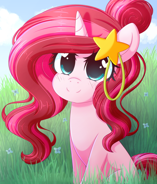 Size: 3375x3974 | Tagged: safe, artist:fluffymaiden, derpibooru import, oc, oc:neophyte, unofficial characters only, pony, unicorn, cute, female, grass, heart eyes, mare, sitting, smiling, solo, wingding eyes