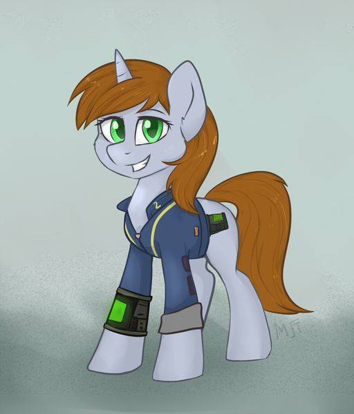 Size: 1240x1454 | Tagged: safe, artist:haruhi-il, derpibooru import, oc, oc:littlepip, pony, unicorn, fallout equestria, fanfic, clothes, cutie mark, fanfic art, female, gray background, green eyes, hooves, horn, mare, pipbuck, simple background, smiling, solo, teeth, vault suit