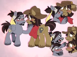 Size: 2978x2207 | Tagged: safe, artist:pilssken, derpibooru import, ponified, earth pony, pegasus, pony, blushing, clothes, facial hair, gay, gradient background, hanzo, jesse mccree, kissing, male, overwatch, shipping, stallion, unshorn fetlocks