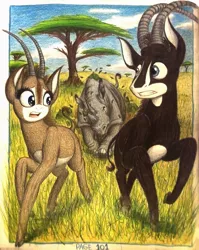 Size: 1080x1356 | Tagged: acacia tree, africa, angry, animal in mlp form, antelope, artist:thefriendlyelephant, black rhinoceros, bush, chase, cloven hooves, comic, comic:sable story, derpibooru import, dust, giant sable antelope, grass, hill, horns, leaves, oc, oc:grumpy the rhino, oc:sabe, oc:uganda, perspective, rampage, rhinoceros, running, safe, savanna, scared, traditional art, unofficial characters only