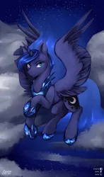 Size: 1000x1700 | Tagged: safe, artist:varllai, derpibooru import, princess luna, alicorn, pony, cloud, digital art, female, flying, looking at you, mare, metal, night, sky, solo