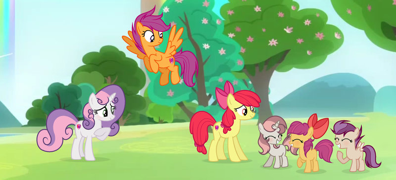 Size: 3367x1531 | Tagged: safe, artist:galaxyswirlsyt, derpibooru import, apple bloom, scootaloo, sweetie belle, oc, oc:easy dance, oc:explosion loo, oc:gentle mash, earth pony, pegasus, pony, unicorn, cutie mark crusaders, female, filly, flying, offspring, older, parent:apple bloom, parent:button mash, parent:rumble, parent:scootaloo, parent:sweetie belle, parent:tender taps, parents:rumbloo, parents:sweetiemash, parents:tenderbloom, rainbow, scootaloo can fly, tree