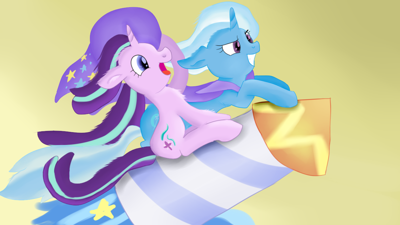 Size: 1280x720 | Tagged: artist:jbond, cape, clothes, derpibooru import, duo, guardians of harmony, hat, open mouth, rocket, safe, smoke, starlight glimmer, stars, toy, toy interpretation, trixie, trixie's cape, trixie's hat, trixie's rocket