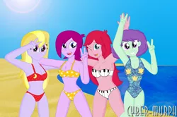 Size: 4960x3300 | Tagged: suggestive, artist:cyber-murph, derpibooru import, blueberry pie, fuchsia blush, lavender lace, raspberry fluff, equestria girls, rainbow rocks, armpits, background human, beach, belly button, bikini, breasts, cleavage, clothes, female, midriff, one eye closed, one-piece swimsuit, peace sign, signature, swimsuit, wink