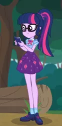 Size: 234x471 | Tagged: safe, derpibooru import, screencap, sci-twi, twilight sparkle, equestria girls, equestria girls series, text support, cute, geode of telekinesis, legs, magical geodes, phone, solo, text support: fluttershy