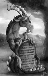 Size: 950x1500 | Tagged: artist:jamescorck, crying, derpibooru import, discord, draconequus, epitaph, eyes closed, facial hair, goatee, gravestone, grayscale, grieving, immortality blues, implied death, implied fluttershy, monochrome, sad, safe, solo, tree