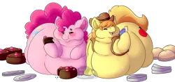 Size: 1500x705 | Tagged: suggestive, artist:mothofamber, derpibooru import, braeburn, pinkie pie, pony, belly, belly bed, bhm, blushing, cake, chubby cheeks, fat, food, heart eyes, immobile, impossibly large belly, morbidly obese, obese, pie, piggy pie, pudgy pie, simple background, stuffed, transparent background, weight gain, wingding eyes