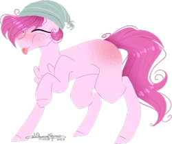 Size: 739x622 | Tagged: safe, artist:ohflaming-rainbow, derpibooru import, oc, oc:strawberry, earth pony, pony, blank flank, chest fluff, dislocated legs, eyes closed, male, not pinkie pie, simple background, solo, stallion, tongue out, transparent background