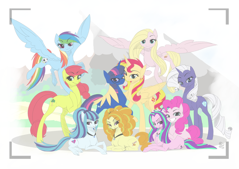 Size: 4093x2894 | Tagged: safe, artist:basykail, derpibooru import, adagio dazzle, applejack, aria blaze, fluttershy, pinkie pie, rainbow dash, rarity, sonata dusk, sunset shimmer, twilight sparkle, ponified, alicorn, earth pony, pegasus, pony, siren, unicorn, fanfic, fanfic:forgotten legacy, fanfic:homecoming, alicornified, alternate color palette, alternate cutie mark, alternate design, alternate universe, appledash, commission, fanfic art, female, flarity, glasses, hug, lesbian, mare, ponified siren, prone, race swap, shimmercorn, shipping, story, sunsetsparkle, the dazzlings, the rainbooms, watermark, winghug