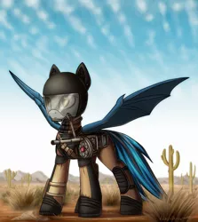 Size: 1930x2160 | Tagged: safe, artist:adagiostring, derpibooru import, oc, unofficial characters only, bat pony, pony, fallout equestria, bat pony oc, cactus, clothes, cloud, commission, desert, female, gun, helmet, mare, sky, slit eyes, solo, weapon