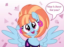 Size: 1073x800 | Tagged: safe, artist:cloudyglow, derpibooru import, windy whistles, pegasus, pony, 80s, bronybait, clothes, cute, dialogue, ear piercing, earring, female, jewelry, looking at you, mare, piercing, smiling, solo, speech bubble, windybetes, younger