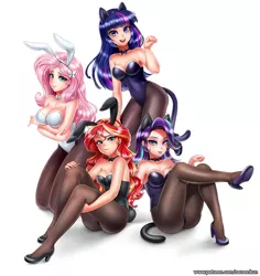 Size: 1000x1061 | Tagged: suggestive, artist:racoonsan, derpibooru import, fluttershy, starlight glimmer, sunset shimmer, twilight sparkle, human, :p, adorasexy, animal costume, bare shoulders, blushing, bowtie, breasts, bunny ears, bunny suit, bunny tail, bunnyshy, bunset shimmer, busty fluttershy, busty starlight glimmer, busty sunset shimmer, busty twilight sparkle, cat ears, cat tail, cleavage, clothes, costume, cute, eyelashes, eyeshadow, female, females only, glimmer glutes, glimmerbetes, high heels, humanized, kneeling, leotard, light skin, looking at you, makeup, open mouth, pantyhose, patreon, playboy bunny, quartet, raised arm, raised eyebrow, raised leg, sexy, shadow, shimmerbetes, shoes, shyabetes, sideass, simple background, sitting, smiling, standing, stupid sexy fluttershy, stupid sexy starlight glimmer, stupid sexy sunset shimmer, stupid sexy twilight, tail, tongue out, twiabetes, underass, white background