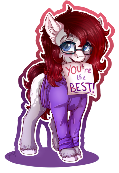 Size: 1770x2565 | Tagged: safe, artist:gaelledragons, derpibooru import, oc, oc:marie, unofficial characters only, earth pony, pony, blushing, clothes, commission, cute, female, fluffy, glasses, hoodie, looking at you, mare, mouth hold, note, ocbetes, sign, simple background, transparent background, unshorn fetlocks, ych result