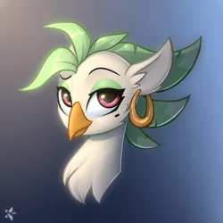 Size: 2200x2200 | Tagged: artist:starfall-spark, beauty mark, bust, captain celaeno, celaenobetes, cute, derpibooru import, dreamworks face, ear piercing, earring, female, gradient background, looking at you, missing accessory, my little pony: the movie, parrot pirates, piercing, pirate, portrait, safe, simple background, solo