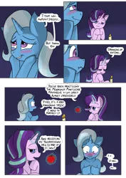 Size: 954x1350 | Tagged: safe, artist:teabucket, deleted from derpibooru, derpibooru import, starlight glimmer, trixie, comic:a great and powerful desire, apple, bedroom eyes, blushing, comic, date, female, flustered, food, hearts and hooves day, kitchen eyes, lesbian, magic, shipping, startrix, telekinesis