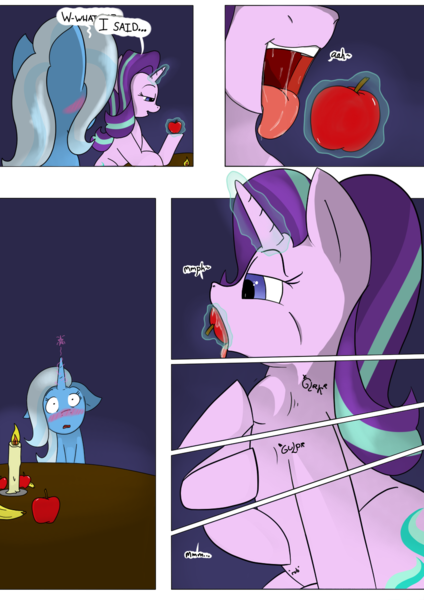 Size: 954x1350 | Tagged: suggestive, artist:teabucket, deleted from derpibooru, derpibooru import, starlight glimmer, trixie, comic:a great and powerful desire, apple, bedroom eyes, blushing, comic, date, drool, drool string, faic, female, flustered, food, hearts and hooves day, horngasm, implied vore, kitchen eyes, lesbian, magic, open mouth, orgasm, shipping, smug, smuglight glimmer, startrix, swallowing, telekinesis, throat bulge, tongue out