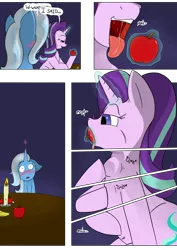 Size: 954x1350 | Tagged: suggestive, artist:teabucket, deleted from derpibooru, derpibooru import, starlight glimmer, trixie, comic:a great and powerful desire, apple, bedroom eyes, blushing, comic, date, drool, drool string, faic, female, flustered, food, hearts and hooves day, horngasm, implied vore, kitchen eyes, lesbian, magic, open mouth, orgasm, shipping, smug, smuglight glimmer, startrix, swallowing, telekinesis, throat bulge, tongue out