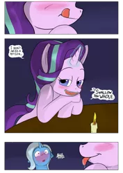Size: 954x1350 | Tagged: suggestive, artist:teabucket, deleted from derpibooru, derpibooru import, starlight glimmer, trixie, comic:a great and powerful desire, bedroom eyes, blushing, comic, date, drool, female, hearts and hooves day, implied vore, kitchen eyes, lesbian, licking, licking lips, orgasm, shipping, smug, smuglight glimmer, startrix, tongue out