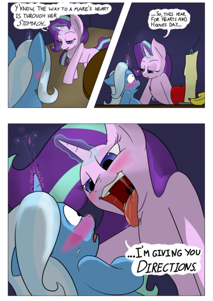 Size: 954x1350 | Tagged: suggestive, artist:teabucket, deleted from derpibooru, derpibooru import, starlight glimmer, trixie, comic:a great and powerful desire, bedroom eyes, blushing, comic, date, dialogue, drool, drool string, esophagus, female, gullet, hearts and hooves day, horngasm, imminent vore, kitchen eyes, lesbian, licking, licking lips, mawshot, open mouth, orgasm, salivating, shipping, startrix, sultry, sultry pose, taste buds, tongue out, uvula