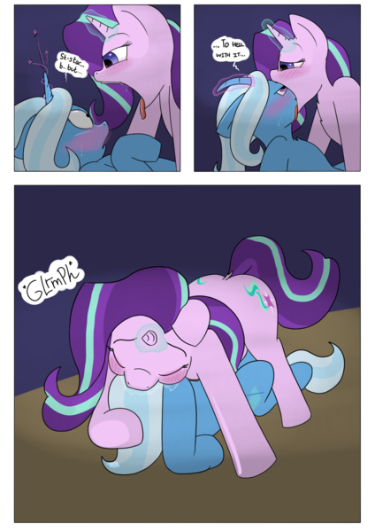 Size: 954x1350 | Tagged: questionable, artist:teabucket, deleted from derpibooru, derpibooru import, starlight glimmer, trixie, comic:a great and powerful desire, bedroom eyes, blushing, comic, date, dialogue, female, fetish, hearts and hooves day, horn, horngasm, kitchen eyes, lesbian, open mouth, orgasm, salivating, seduction, shipping, startrix, submission, swallowing, tongue out, vore, vorelight glimmer, wholesome vore, willing vore, wingding eyes